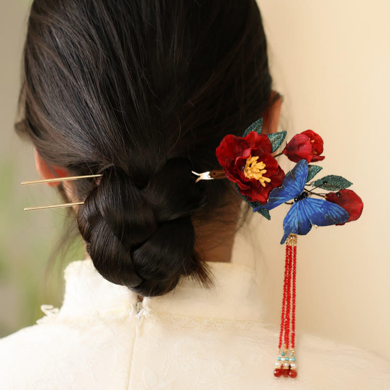 Chinese Hairpin | Red Flower & Blue Butterfly Design