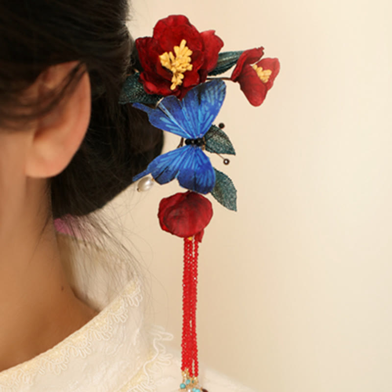 Chinese Hairpin | Red Flower & Blue Butterfly Design