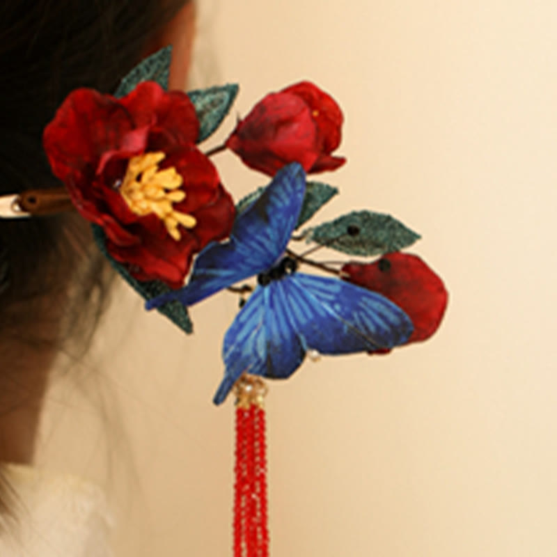 Chinese Hairpin | Red Flower & Blue Butterfly Design