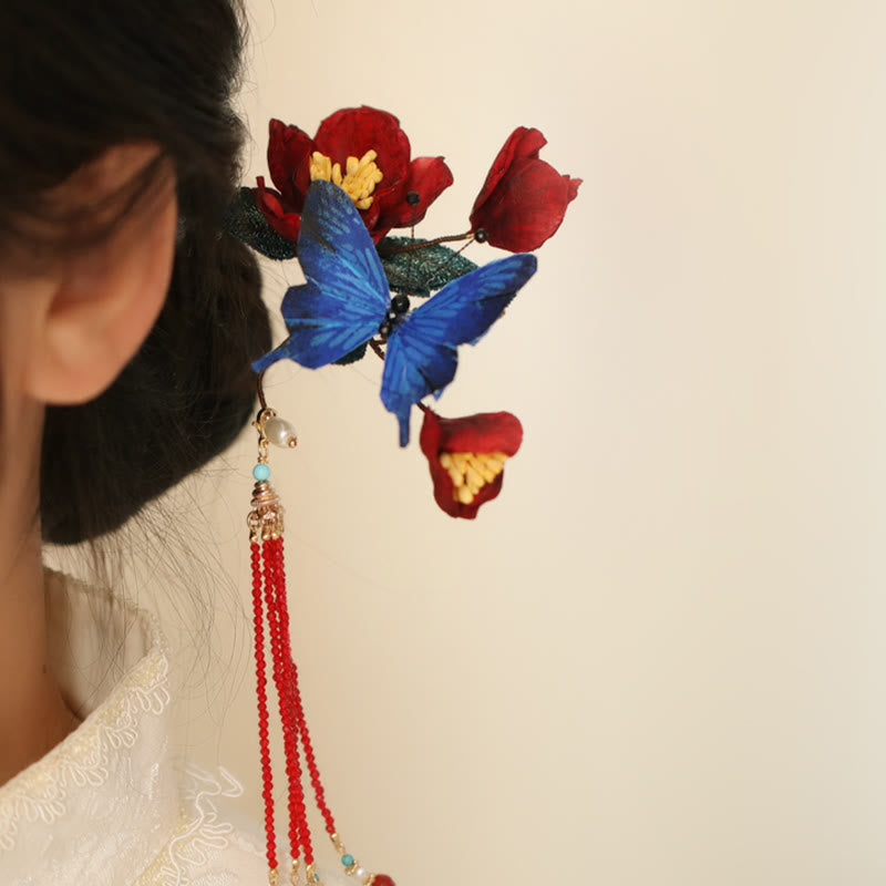Chinese Hairpin | Red Flower & Blue Butterfly Design