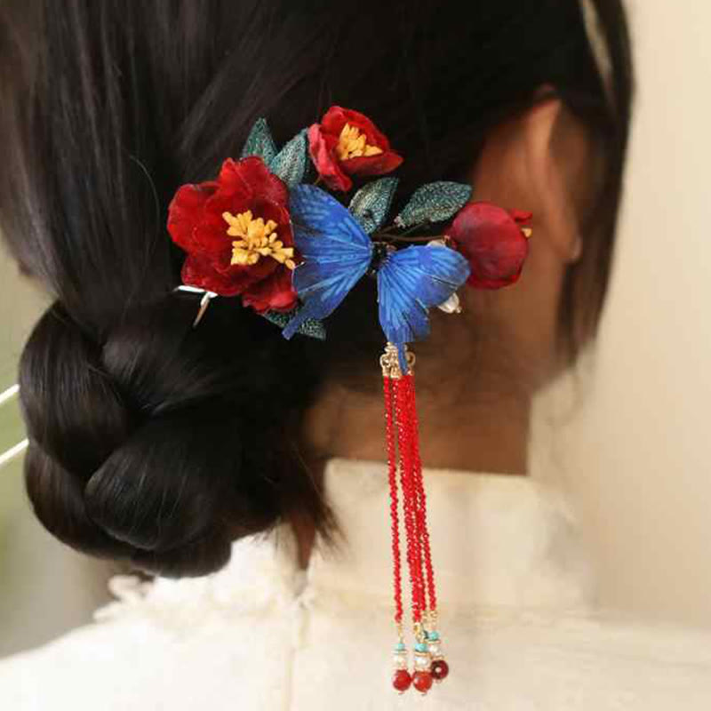 Chinese Hairpin | Red Flower & Blue Butterfly Design