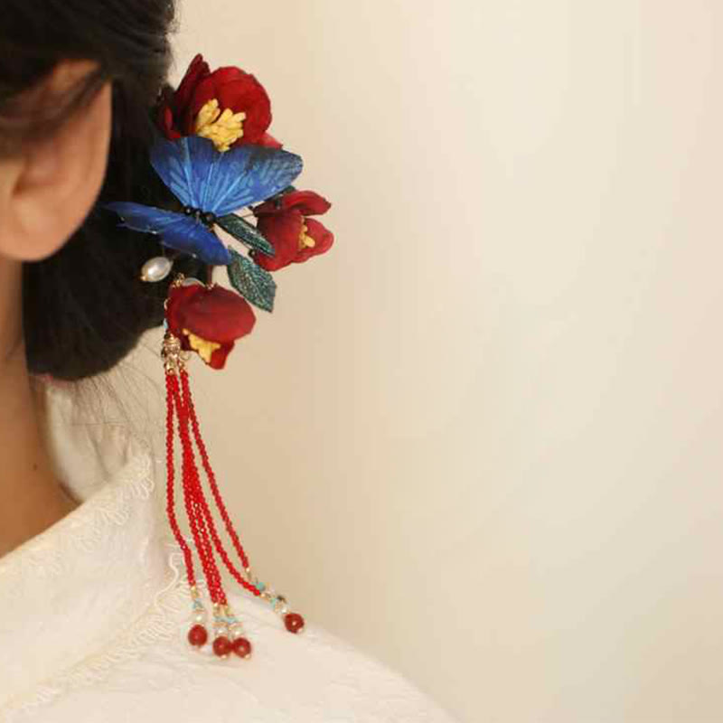 Chinese Hairpin | Red Flower & Blue Butterfly Design
