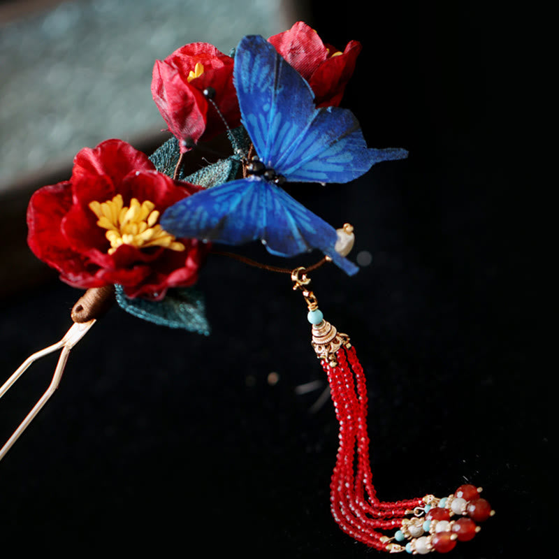 Chinese Hairpin | Red Flower & Blue Butterfly Design