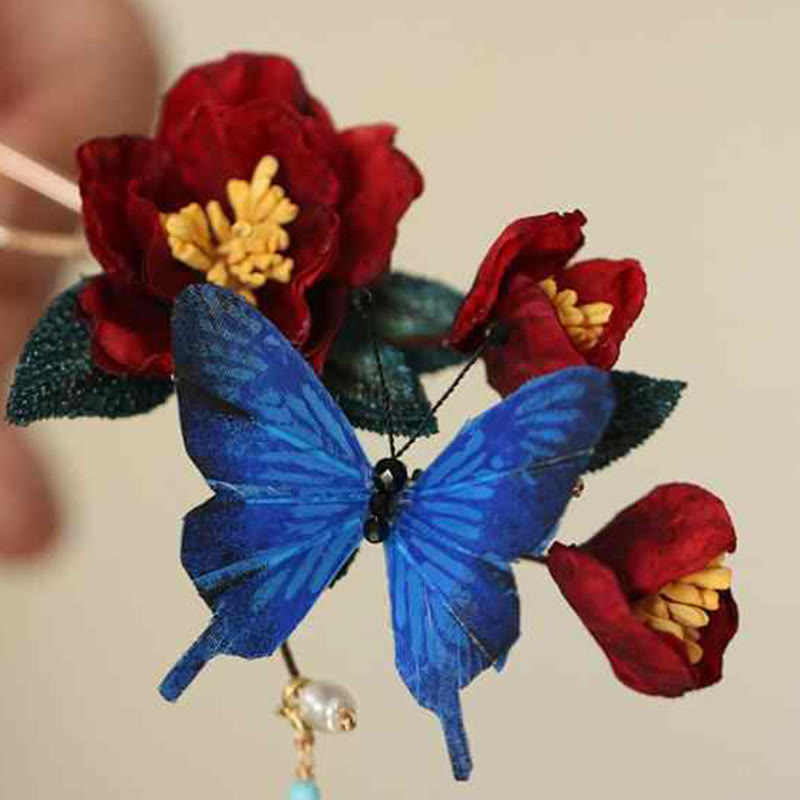 Chinese Hairpin | Red Flower & Blue Butterfly Design