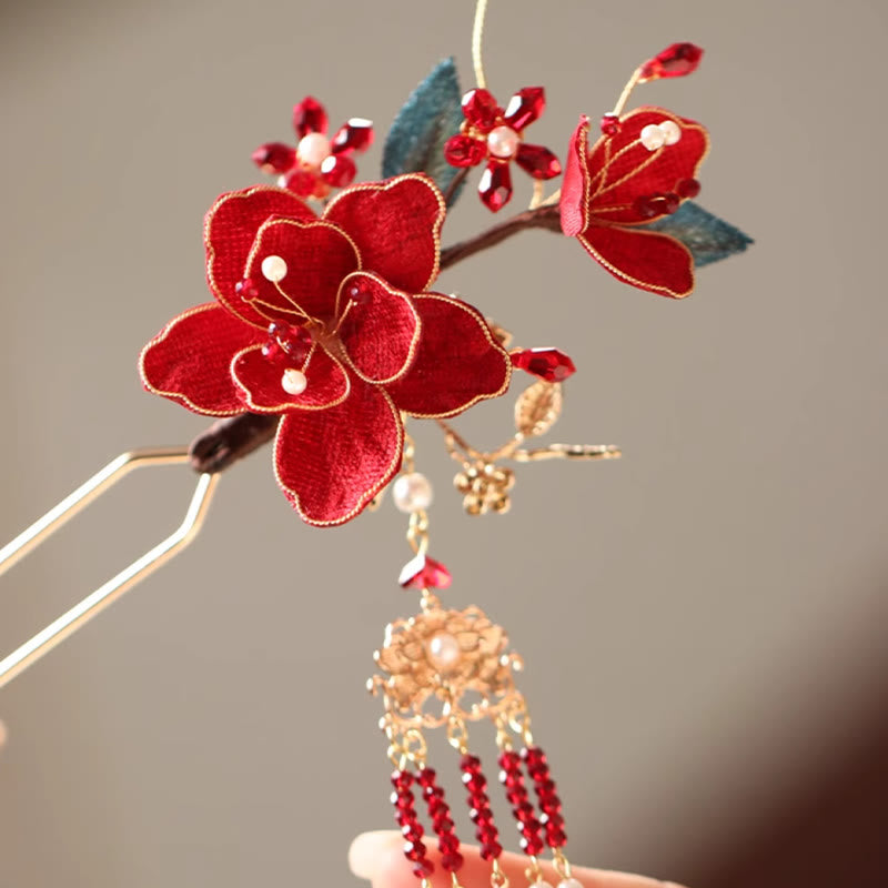 Chinese Hairpin Red Flower Butterfly Tassel Comb