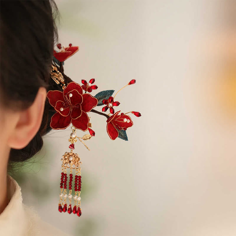 Chinese Hairpin Red Flower Butterfly Tassel Comb