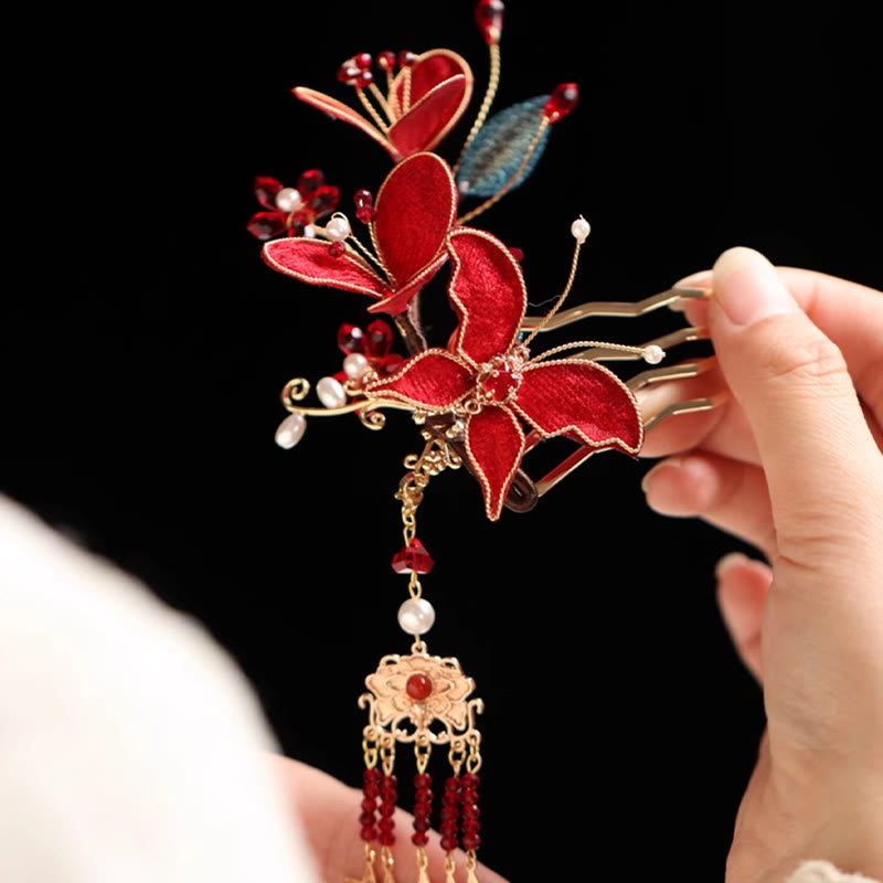 Chinese Hairpin Red Flower Butterfly Tassel Comb