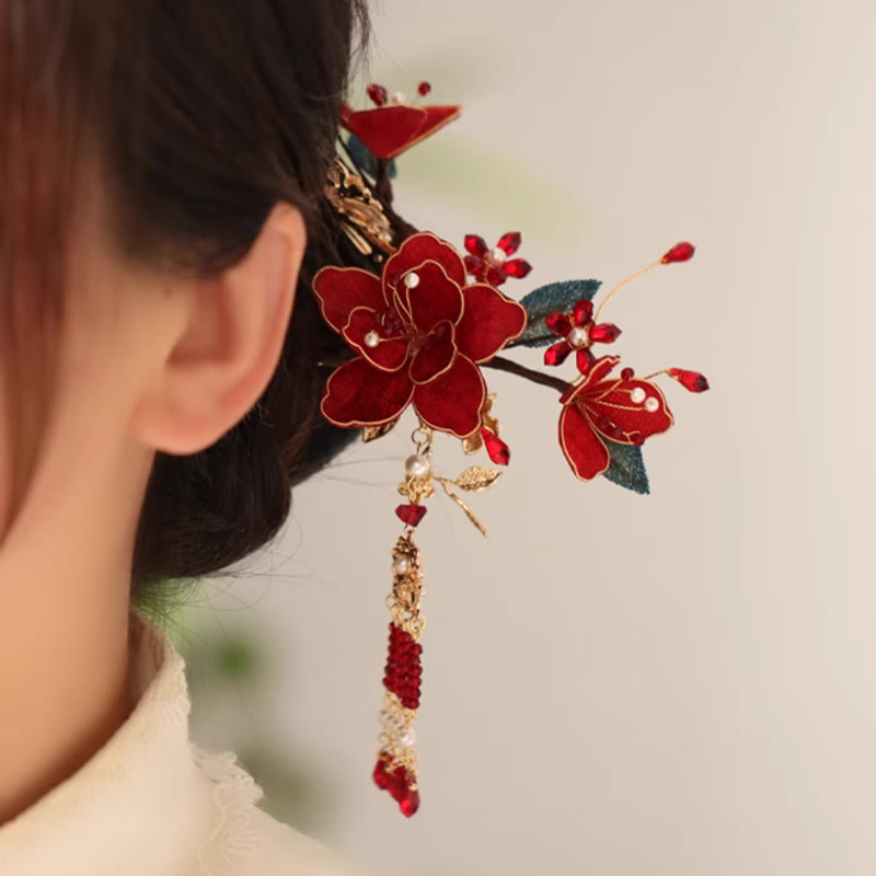 Chinese Hairpin Red Flower Butterfly Tassel Comb