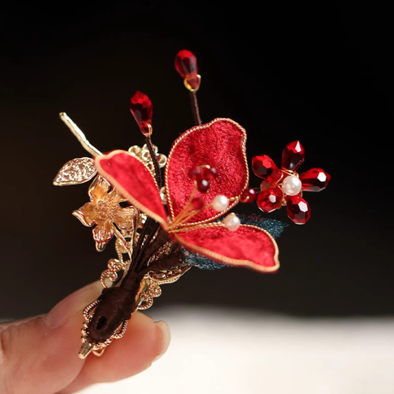 Chinese Hairpin Red Flower Butterfly Tassel Comb