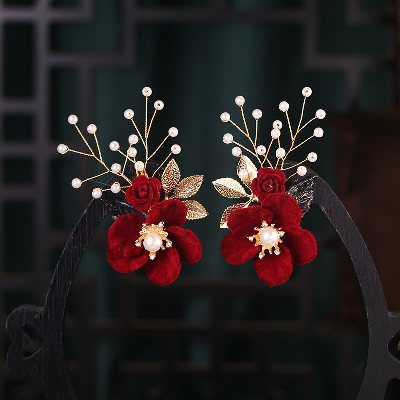 Antiquity Red Flowers Pearl Tassel Chinese Hairpins Set