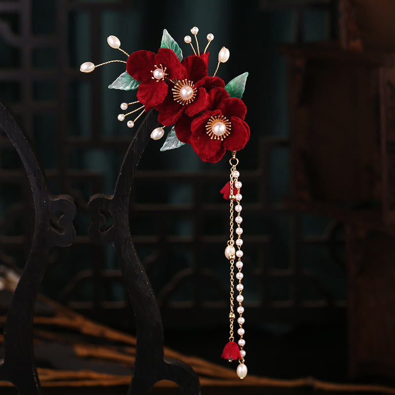 Antiquity Red Flowers Pearl Tassel Chinese Hairpins Set