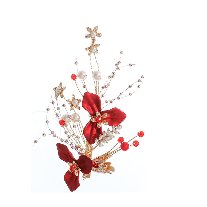 Red Flower Pearl Hair Clip Set | Chinese Wedding Hairpin