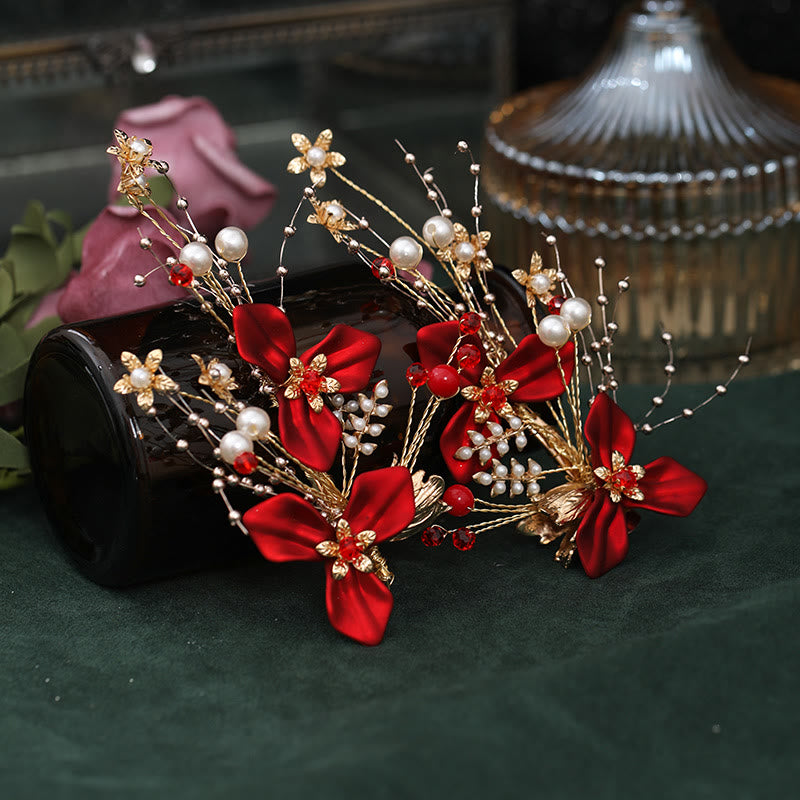 Red Flower Pearl Hair Clip Set | Chinese Wedding Hairpin