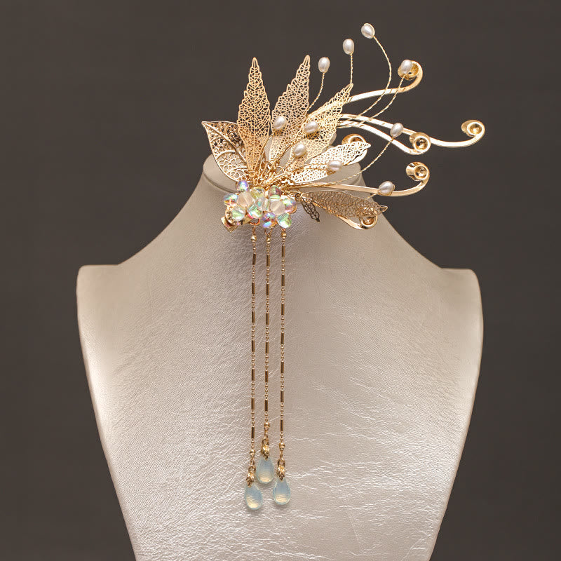 Traditional Chinese Gold Leaf Flower Tassel Hair Clip