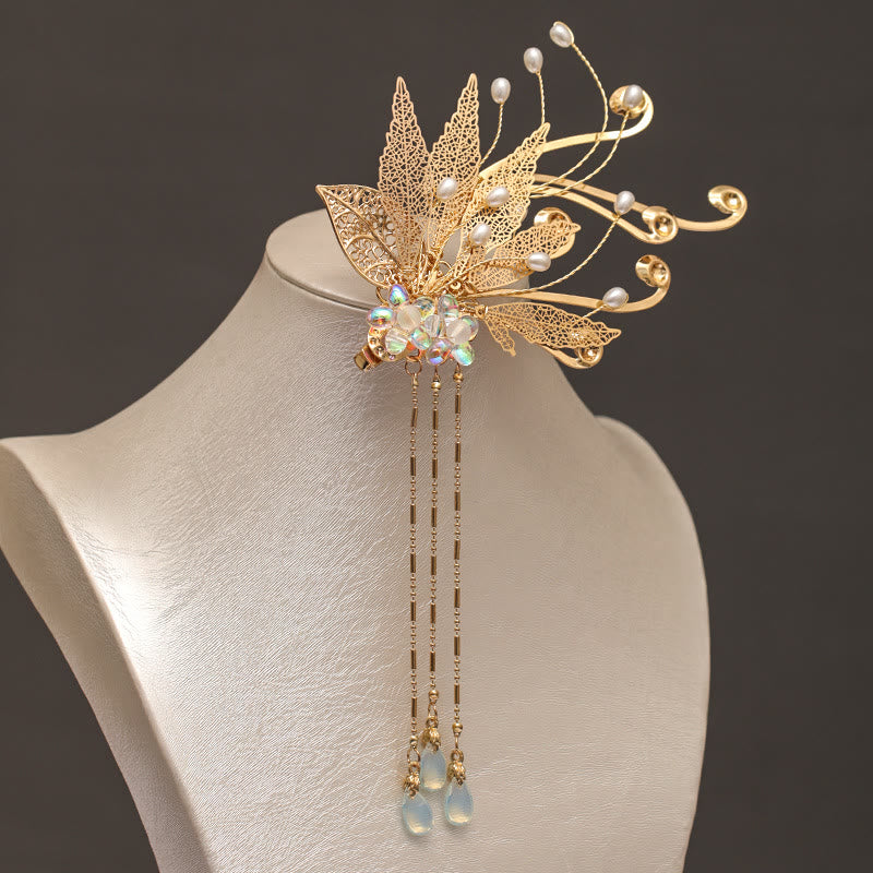 Traditional Chinese Gold Leaf Flower Tassel Hair Clip