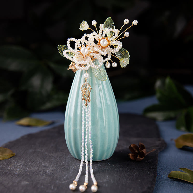 Handmade Flower Leaf Pearl Hair Clip With Tassel