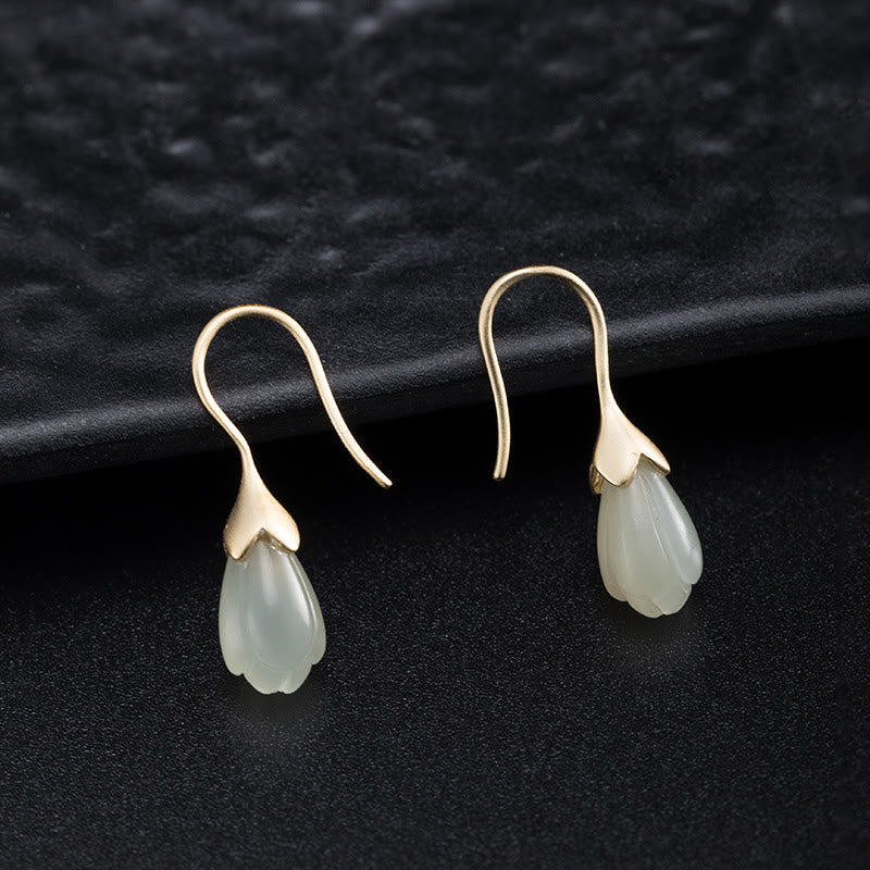 Hetian Jade Magnolia 925 Silver Drop Earrings