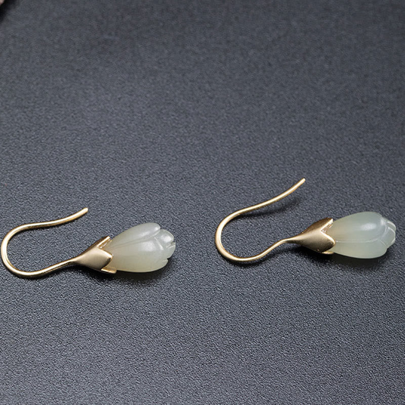 Hetian Jade Magnolia 925 Silver Drop Earrings