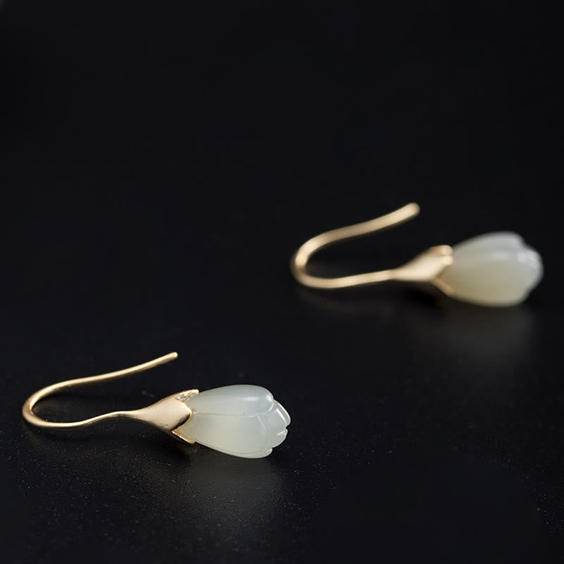 Hetian Jade Magnolia 925 Silver Drop Earrings