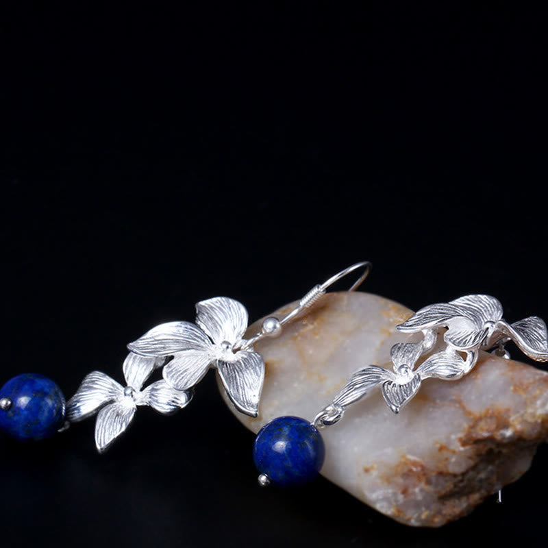Sterling Silver Lazurite Flower Drop Earrings