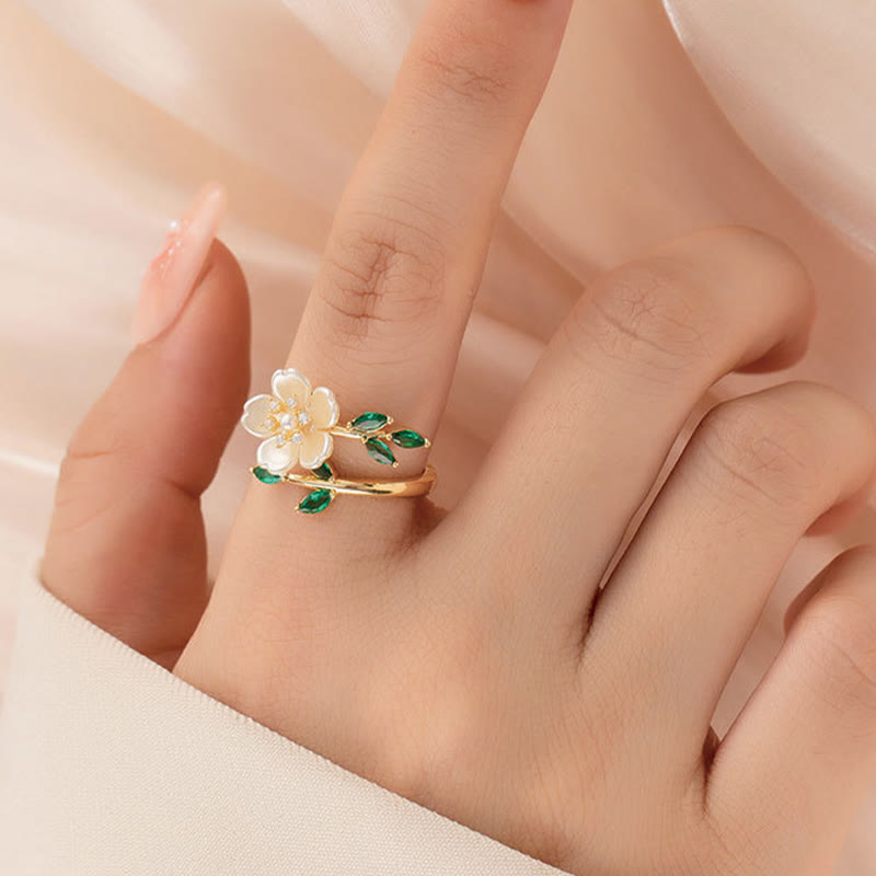 Adjustable Pearl Flower Zircon Copper Ring for Happiness & Wealth