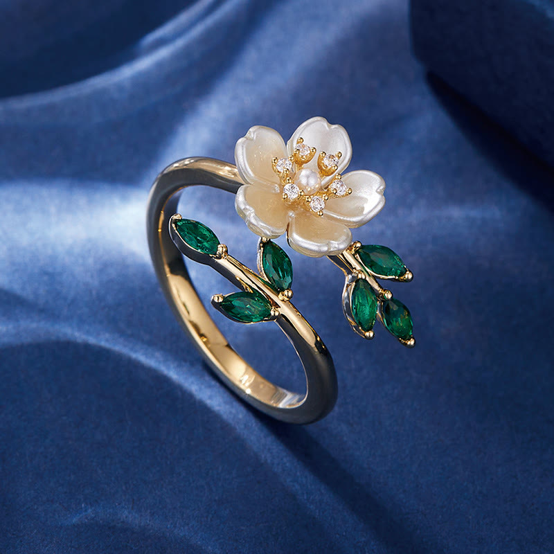 Adjustable Pearl Flower Zircon Copper Ring for Happiness & Wealth