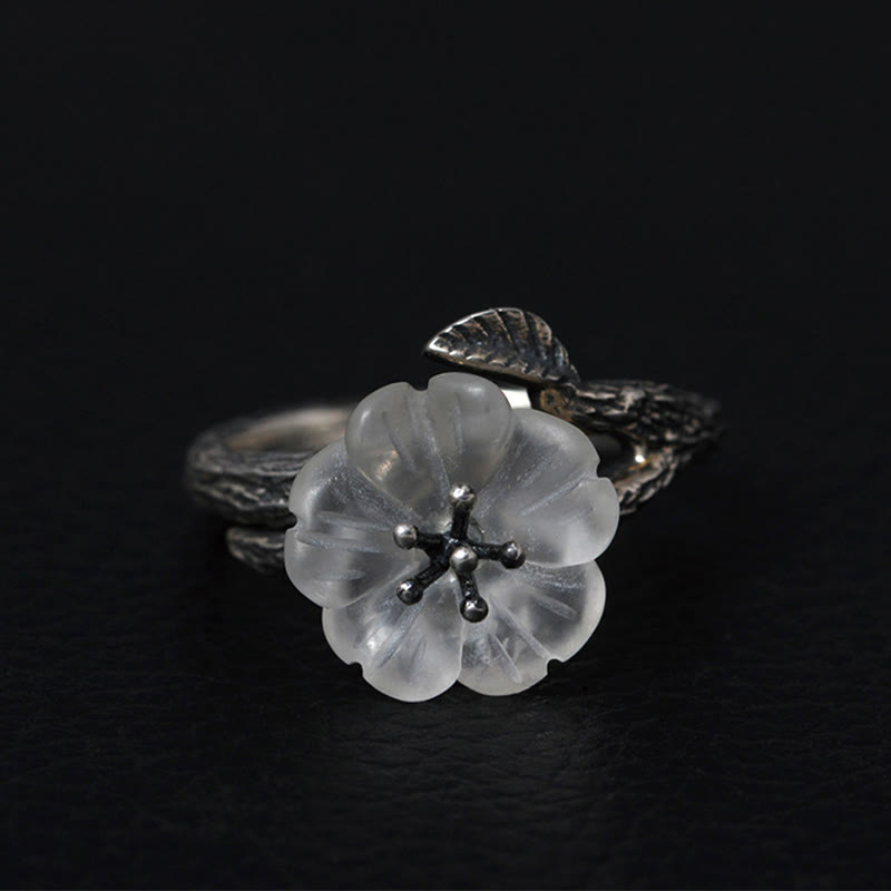 White Crystal Skeleton Flower Adjustable Healing Ring