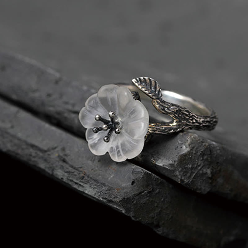 White Crystal Skeleton Flower Adjustable Healing Ring