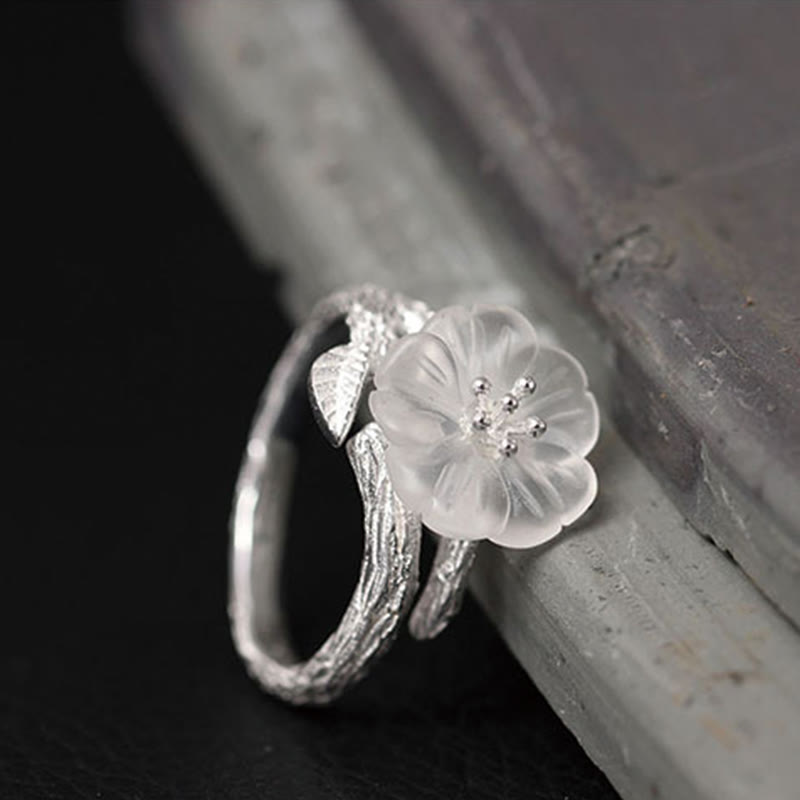 White Crystal Skeleton Flower Adjustable Healing Ring