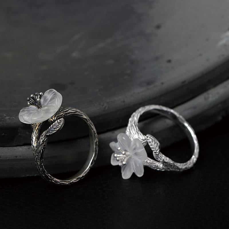 White Crystal Skeleton Flower Adjustable Healing Ring