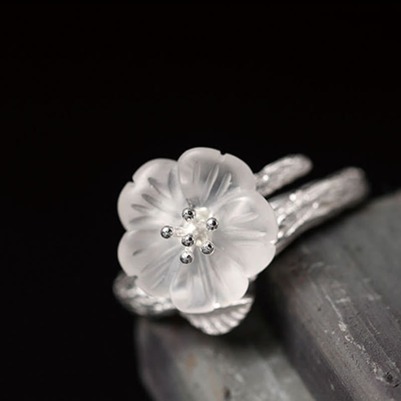 White Crystal Skeleton Flower Adjustable Healing Ring