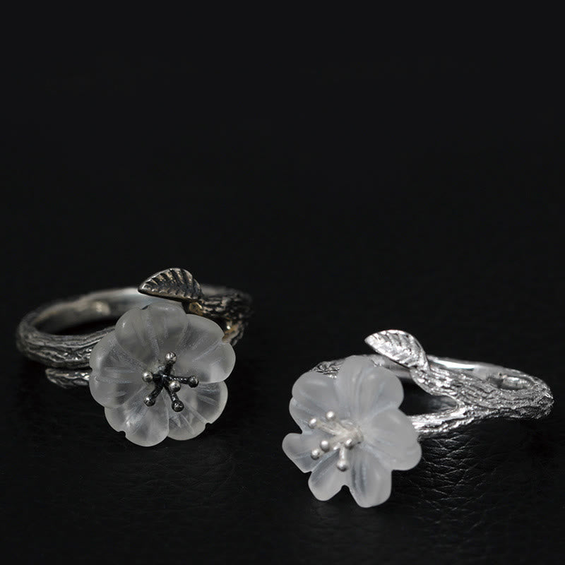 White Crystal Skeleton Flower Adjustable Healing Ring