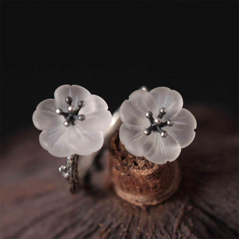 925 Sterling Silver White Crystal Double Plum Protection Ring