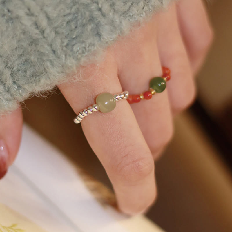 Natural Hetian Jade, Red Agate & Pearl Elastic Ring