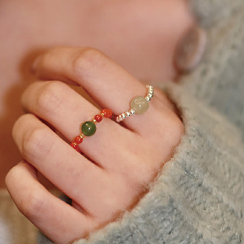Natural Hetian Jade, Red Agate & Pearl Elastic Ring