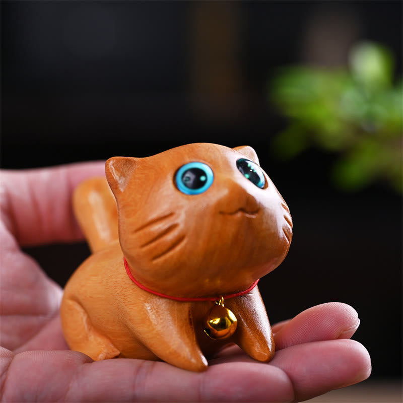 9cm Sandalwood Sleeping Cat Zen Decor Sculpture