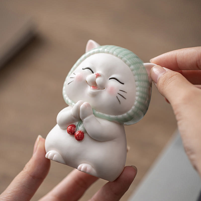 Ceramic Lucky Cat Figurine 6" Zen Decor for Positive Energy
