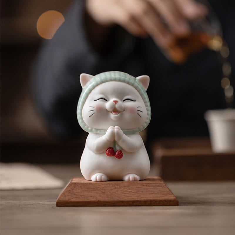 Ceramic Lucky Cat Figurine 6" Zen Decor for Positive Energy