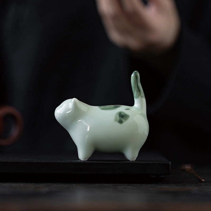 8cm Ceramic Lucky Cat Statue | Blue Standing Cat Figurine