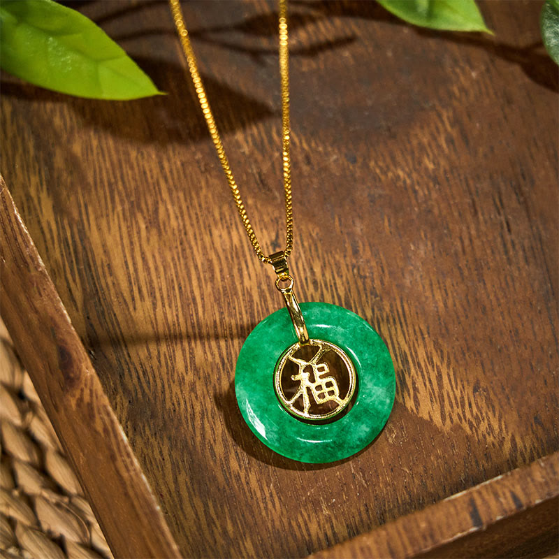 Cyan Jade Fu Peace Buckle Necklace for Healing & Luck