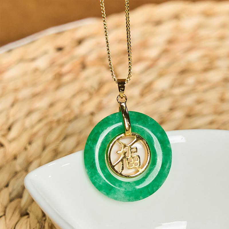 Cyan Jade Fu Peace Buckle Necklace for Healing & Luck