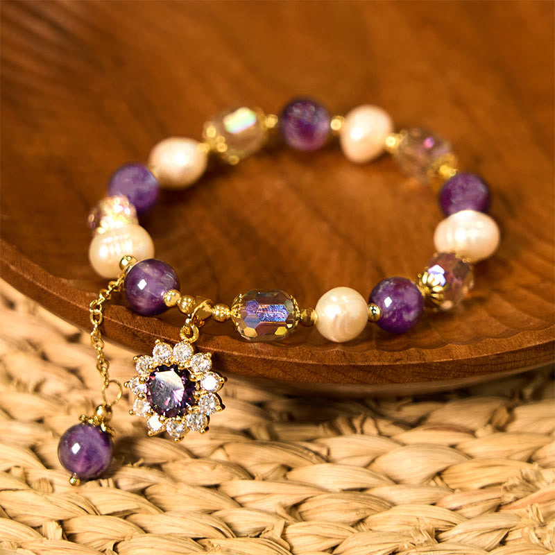 8mm Amethyst Pearl Sunflower Communication Bracelet for Women