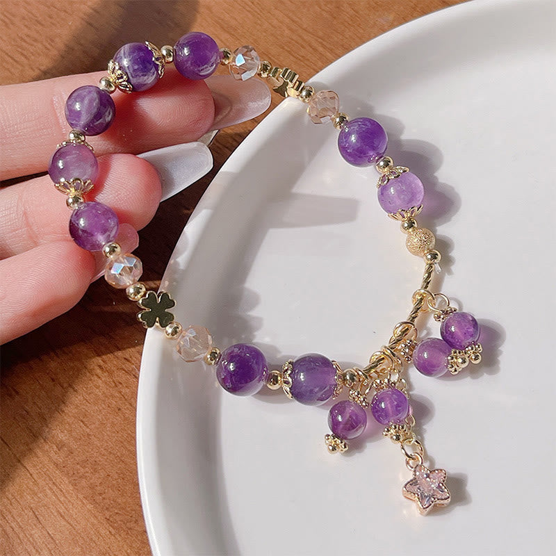 8mm Amethyst Four Leaf Clover Peace Bracelet