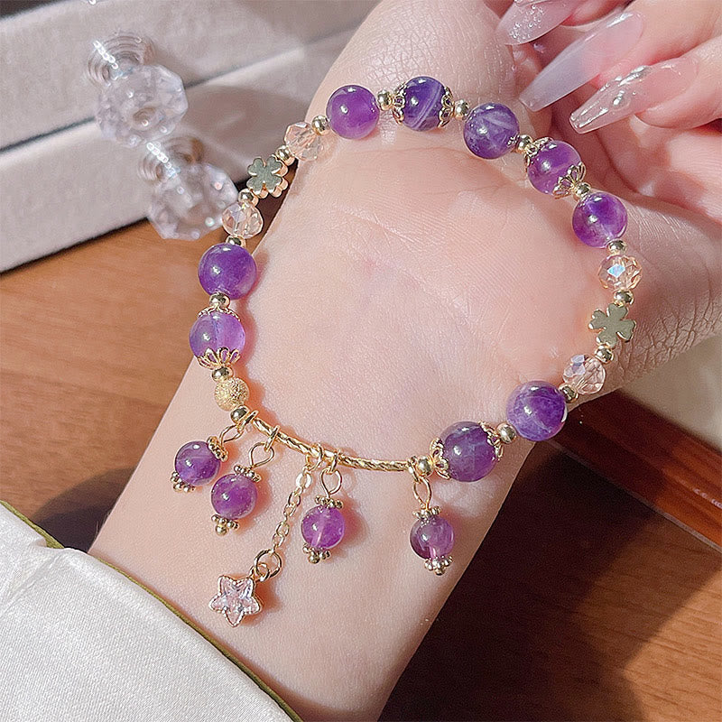 8mm Amethyst Four Leaf Clover Peace Bracelet
