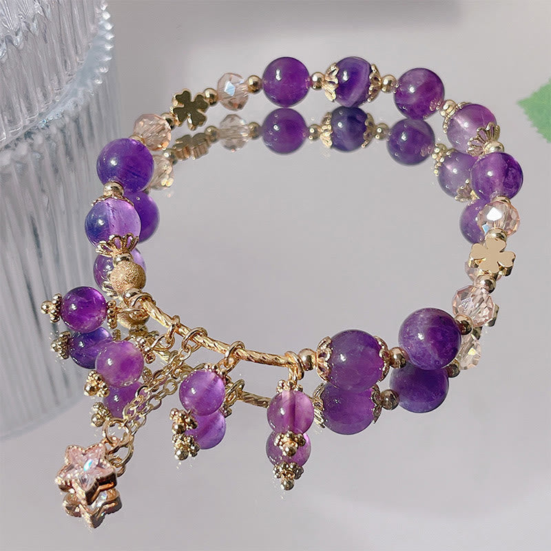 8mm Amethyst Four Leaf Clover Peace Bracelet