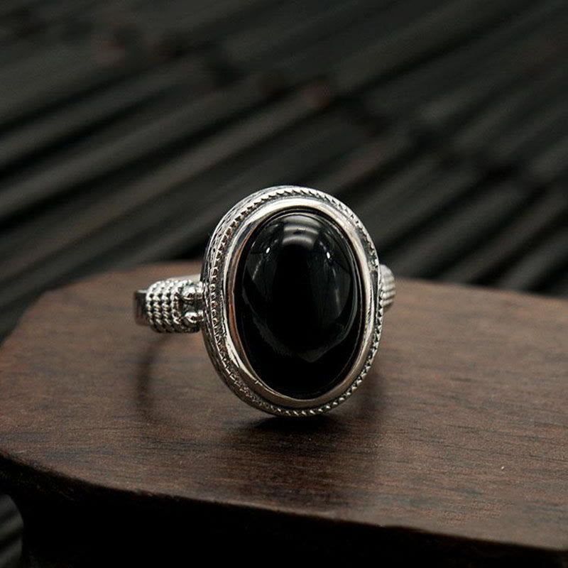 Adjustable Black Onyx Spiritual Protection Ring for Strength & Fortune