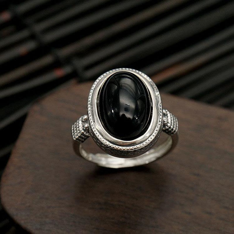 Adjustable Black Onyx Spiritual Protection Ring for Strength & Fortune