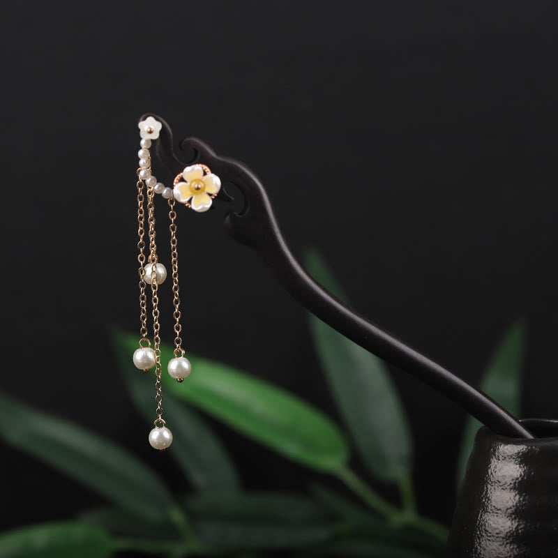 Ebony Shell Pearl Tassel Blessing Chinese Hairpin