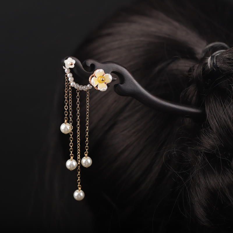 Ebony Shell Pearl Tassel Blessing Chinese Hairpin