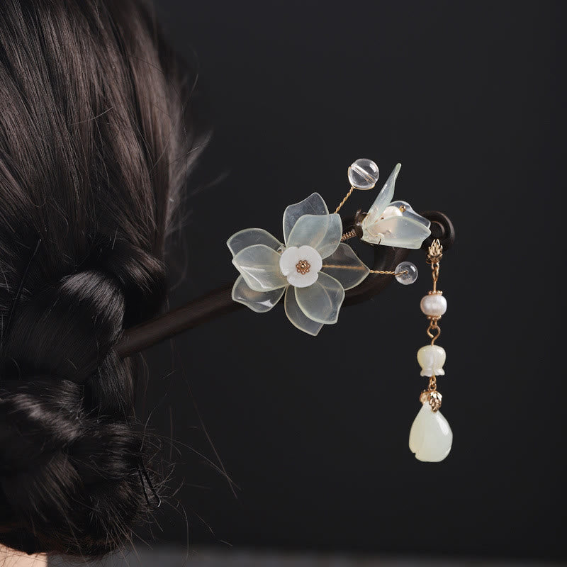 Ebony Jade Shell Magnolia Tassel Chinese Hairpin